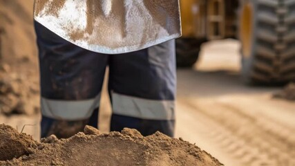 Aufkleber - Closeup of wearing gloves a worker picks up a shovel full of rubble the dirt reflecting the effort and manual labor involved alongside heavy machinery.