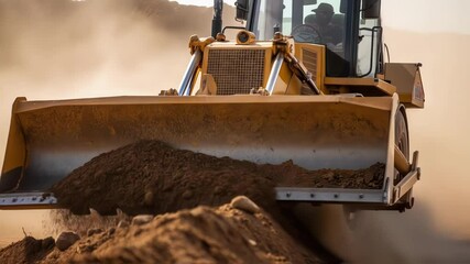 Aufkleber - Closeup perspective showing a bulldozer pushing a mound of earth with fine dust clouds swirling up as it levels the uneven terrain in preparation for new structures.