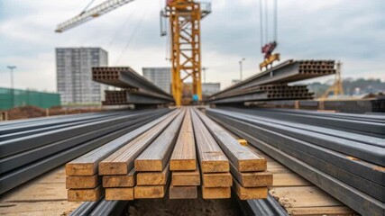 Poster - Closeup view of construction materials such as steel beams and wooden planks neatly arranged at the cranes base waiting to be lifted and transported to higher floors.