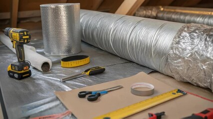 Poster - Detailed view of insulation being wrapped around ductwork with tools and adhesive materials spread out on the surface highlighting the attention to thermal efficiency.