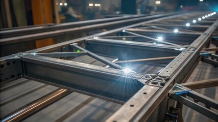 Aufkleber - Fabrication Details A medium closeup showing the intricate connections of metal beams in the platform with weld seams glistening under bright lights.