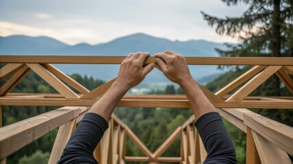 Aufkleber - Hands assembling prefabricated trusses showcasing the complexity of the bridge design with elements of nature like trees and mountains visible.