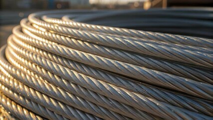 Poster - Medium closeup of a bundle of glistening steel cables with sunlight reflecting off the metallic surface highlighting the precision in their construction.