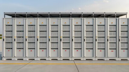 Aufkleber - Medium closeup of a large battery storage system with rows of battery modules neatly arranged indicating the integration of energy storage in renewable setups.