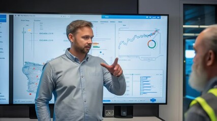 Poster - Medium closeup of a supervisor pointing at a digital map on a large screen discussing project timelines and resource allocation with a team of engineers onsite.