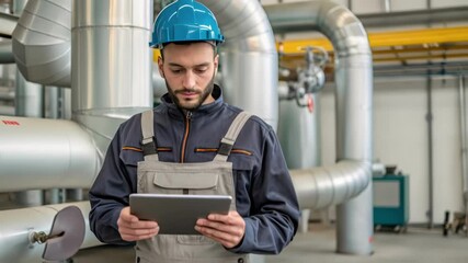 Fototapete - Medium closeup of a technician in a jumpsuit using a tablet to log data with the backdrop of large pipe sections and fittings illustrating the integration of technology in pipeline