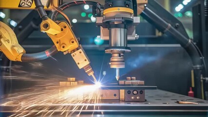 Aufkleber - Medium closeup of a welding robots end effector showing precise alignment mechanisms that grip and manipulate metals during the welding process.