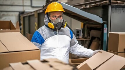 Aufkleber - Medium closeup of a worker in protective gear expertly feeding large cardboard boxes into a heavyduty shredder with focused determination evident on their face.