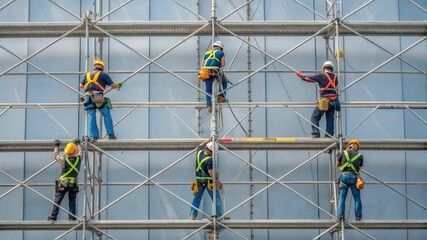 Poster - Medium closeup of scaffolding where multiple workers are collaborating showcasing teamwork in the construction of a large cooling tower while safety harnesses are visually