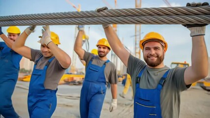 Aufkleber - Medium closeup of workers collaborating to lift and position a newly assembled section of steel cabling capturing the teamwork involved in construction projects.