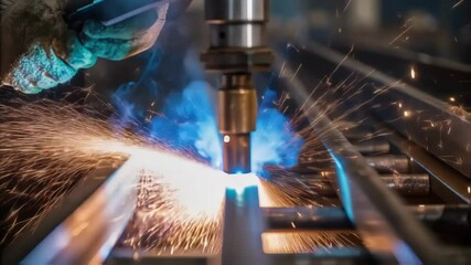 Aufkleber - Medium Closeup of Welding Process Blue sparks fly from a welding torch as a worker joins steel components of the textile machine highlighting precision and craftsmanship.