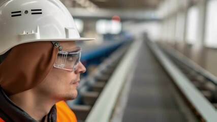 Poster - Safety Gear A closeup of a worker wearing a hard hat and safety goggles reflecting concentration as they observe the operational conveyor belt.