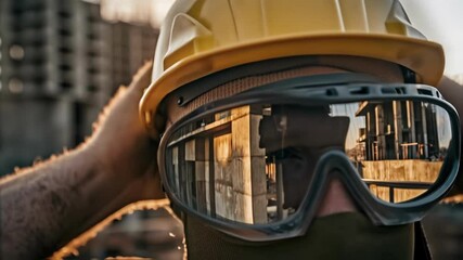 Poster - Safety Gear Focus A closeup of a workers helmet and goggles reflecting the bright sunlight and surrounding activity symbolizing the emphasis on safety in construction.