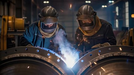 Aufkleber - Workers in protective gear welding large metal components for the desalination unit the glow of the welding torch illuminating their faces.