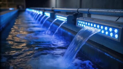 Poster - A closeup image of UV dis lights glowing brightly as water flows past them emphasizing the key role of light in purifying the water.