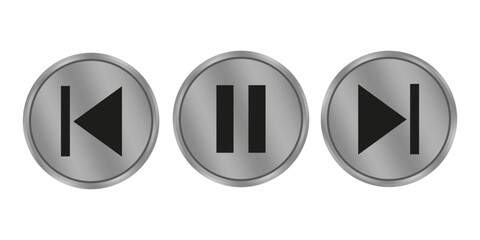 Poster - Rewind pause next. Silver media icons. Vector control symbols. Dark glossy buttons.