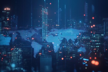 Poster - digital world map overlaying a city skyline at night