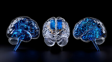 Poster - Three Glowing Digital Brains Showing Intricate Network Of Lines