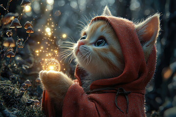 Poster - A cute kitten in a red hooded cloak holds a glowing orb, surrounded by magical sparks and mushrooms in a whimsical forest setting.