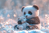 Adorable panda plush hugging a teddy bear in a dreamy winter scene.