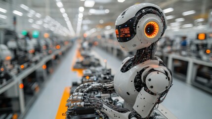 A futuristic robot works on an assembly line in a modern factory.