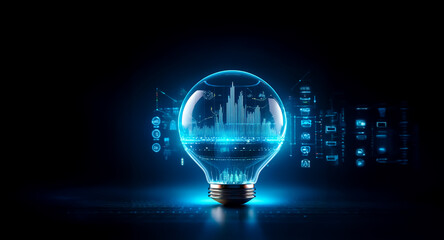 A glowing lightbulb displays a futuristic city skyline, surrounded by digital data streams.  This symbolizes innovation and technological advancement.