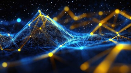 Fototapete - Geometric Abstract Network in Low-Poly Style with Vibrant Blue and Yellow Lines on Dark Background