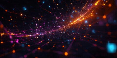 Poster - Neon Geometric Network Abstract Background with Luminous Lines and Dots
