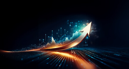 Aufkleber - a glowing metallic arrow ascends, symbolizing growth and progress against a dark, technological back