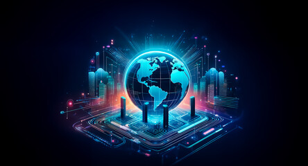 Poster - A glowing digital Earth sits atop a futuristic circuit board, surrounded by vibrant, abstract cityscapes, symbolizing global connectivity and technological advancement.