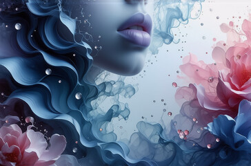 Wall Mural - a dreamy portrait of a face surrounded by swirling blue and pink abstract floral elements and water 