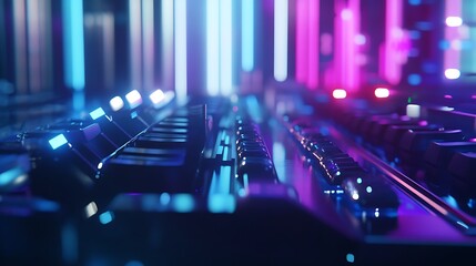 Poster - vibrant close-up view of glowing keyboard keys with neon lights in shades of blue and pink, creating