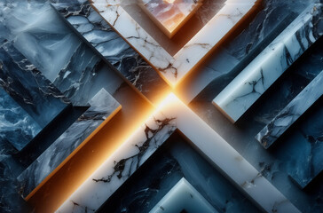 Aufkleber - abstract geometric pattern with diagonal marble slabs and golden glowing lines converging at the cen