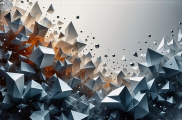 Poster - Abstract 3D geometric shapes, resembling diamonds, in gray, white, and orange, float dynamically against a light gradient backdrop.