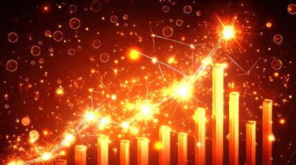 financial stock chart in red colors surging upward with glowing dots and lines