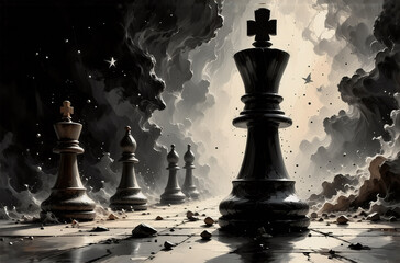 Poster - A dramatic chess scene features a large king piece prominently in the foreground, with other pieces receding into a cloudy, atmospheric background, suggesting strategy and power.