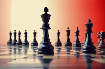 Poster - Black chess pieces are positioned on a wooden chessboard against a gradient red backdrop, highlighting the king in focus, ready for a strategic game.
