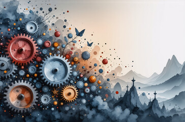 Poster - Gears and spheres ascend amidst abstract splashes, set against a misty mountain and tower backdrop, creating a whimsical, industrial landscape.