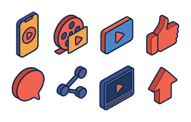 Poster - 3d social media multimedia icons set: play, like, comment, share, and more
