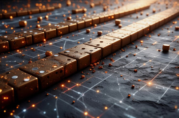 Aufkleber - golden cubes aligned on a textured dark surface with glowing lines. abstract geometric composition w