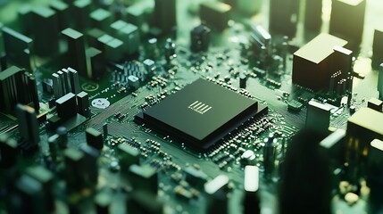 Poster - Close-up of a detailed microprocessor on a green circuit board, showcasing intricate components and a futuristic technological aesthetic
