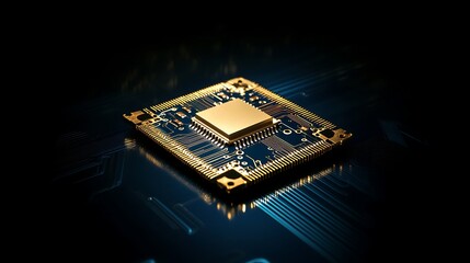 Poster - Close-up of a gold processor chip on a dark blue circuit board with glowing lines, showcasing advanced technology and innovation in electronics and computing