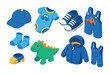 Isometric flat vector set of icons of baby boy items: baseball cap, romper, sneakers, car onesie, blue socks, dinosaur toy, hoodie, overalls. . , icons isolated transparent background.