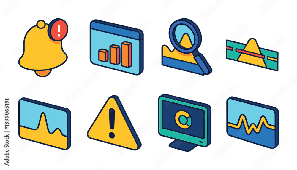 Spike Icon Triangle Isometric flat vector set of icons of data monitoring: alert bell, log ...