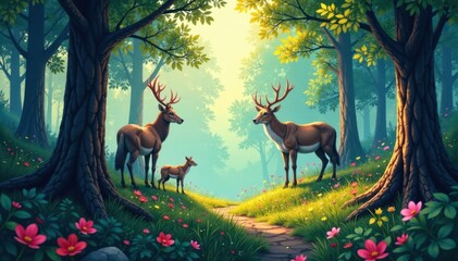 forest landscape with animal forms, animals, wildlife