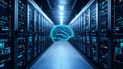 Poster - Futuristic Data Center With Glowing Brain