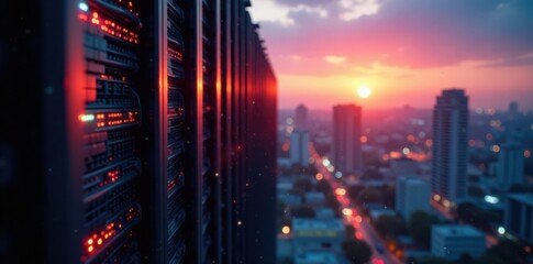 Network cables and servers forming a web-like structure with a cityscape at dusk, urban landscape, evening sky