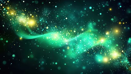 Aufkleber - Abstract glowing turquoise and green energy wave with light particles on a dark blue background, ideal for banners, posters, or presentations in a futuristic design theme.
