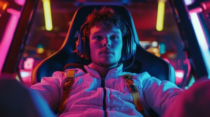 Aufkleber - a young man wearing headphones sits in a futuristic gaming chair, fully engaged in a vibrant arcade 