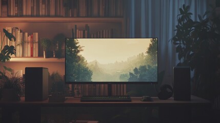 Aufkleber - a desk setup features a large monitor displaying a serene landscape of trees and hills. soft lightin